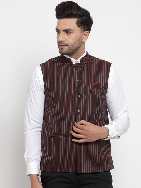 

NEUDIS Men Brown Striped Nehru Jacket