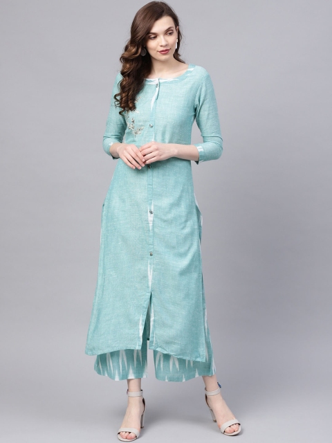 

Ishin Women Sea Green Woven Design Kurta with Palazzos