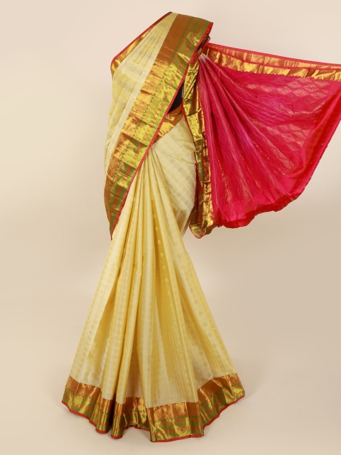 

Pothys Cream-Coloured Pure Silk Solid Kanjeevaram Saree
