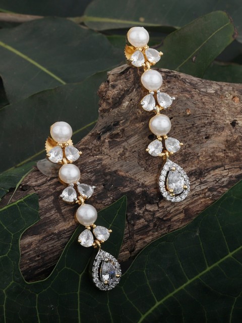 

Alamod Gold-Plated Cubic Zirconia Studded Geometric Drop Earrings