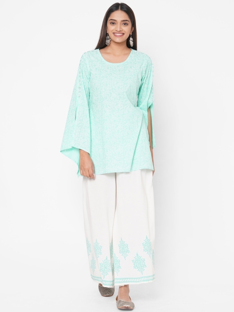 

Vedic Women Turquoise Blue Ethnic Motifs Printed Flared Sleeves Kurta