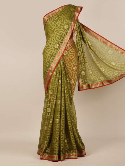 

Pothys Olive Green Printed Poly Chiffon Saree