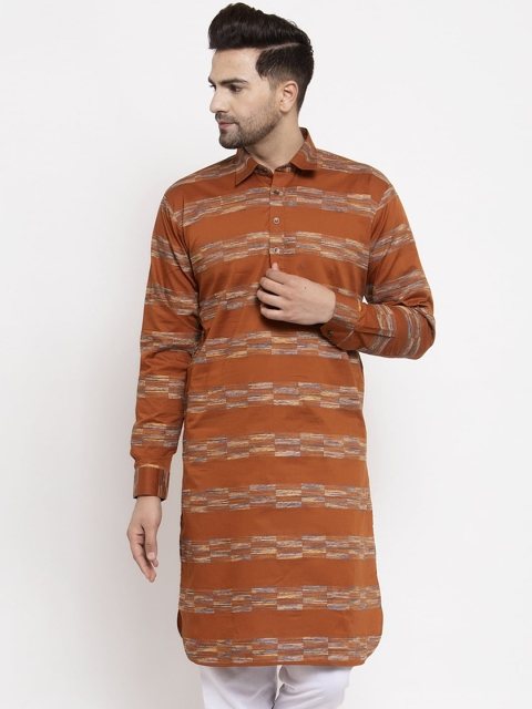 

Jompers Men Mustard Brown & Beige Striped Pathani Kurta
