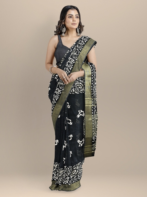 

BharatSthali Black Pure Cotton Printed Venkatgiri Saree