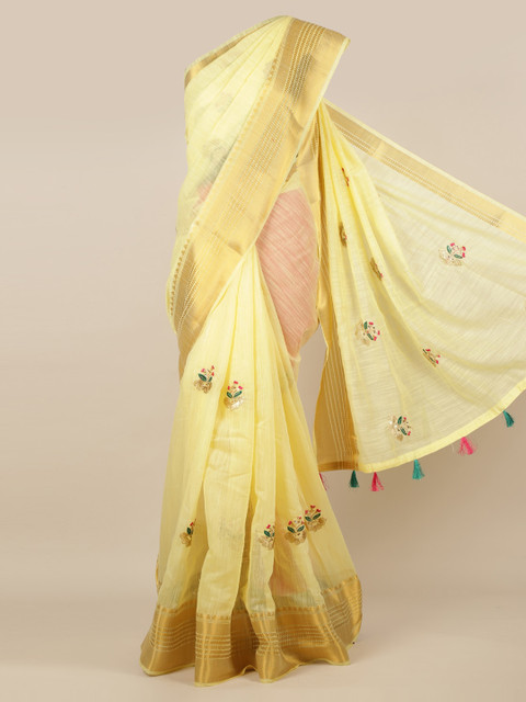

Pothys Yellow Embroidered Jute Silk Saree