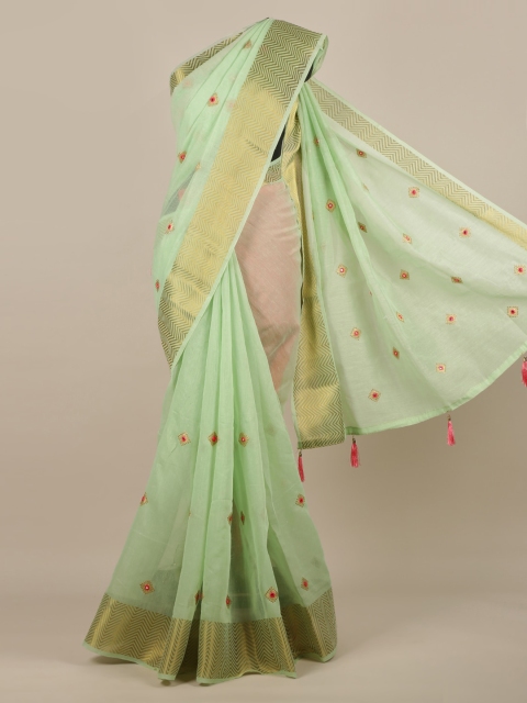 

Pothys Green Embroidered Jute Silk Saree With Tasseled Pallu