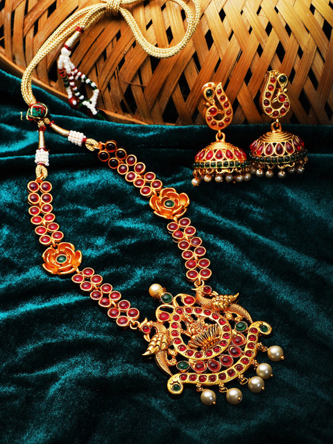 

Adwitiya Collection Gold-Toned Brass Gold-Plated Temple Necklace Set