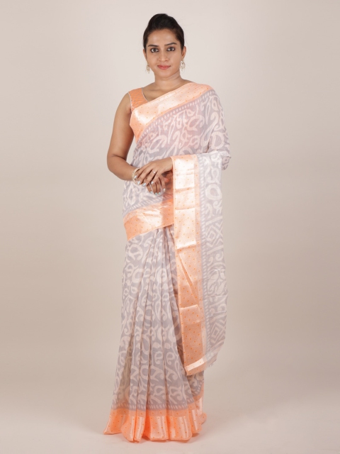 

Pothys Grey & Orange Jute Silk Printed Saree
