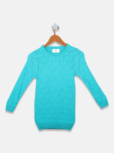 

OWM Girls Turquoise Blue Self Design Pullover Sweater