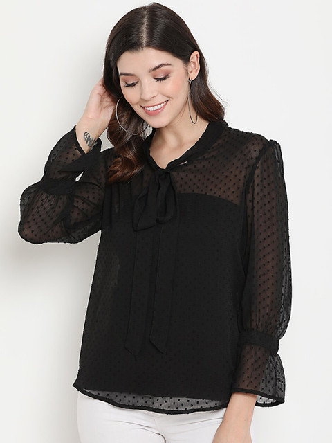 

THREAD MUSTER Black Puff Sleeves Georgette Top