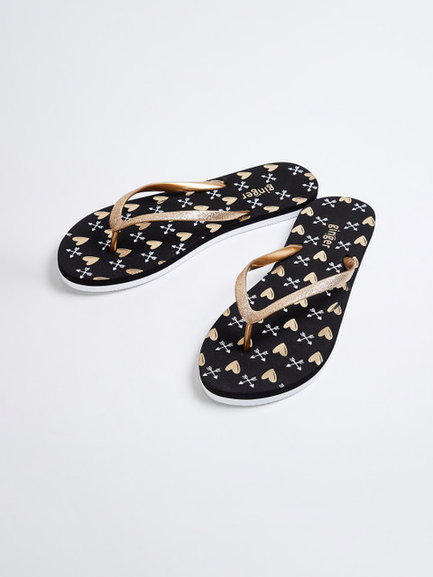 

Ginger by Lifestyle Women Black & Gold-Toned Printed Thong Flip-Flops
