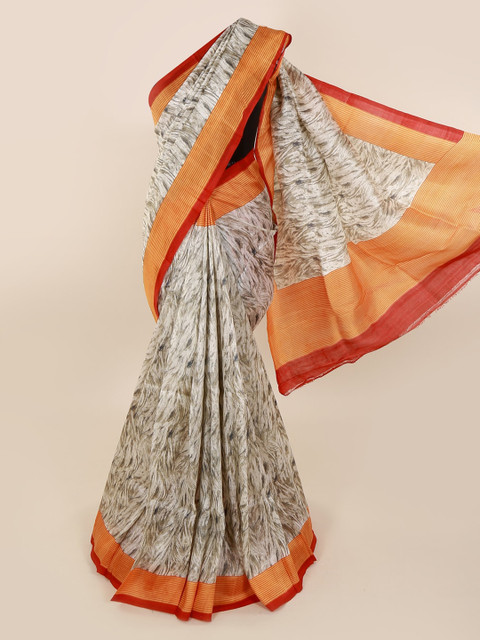 

Pothys Cream-Coloured & Grey Pure Silk Printed Murshidabad silk Saree