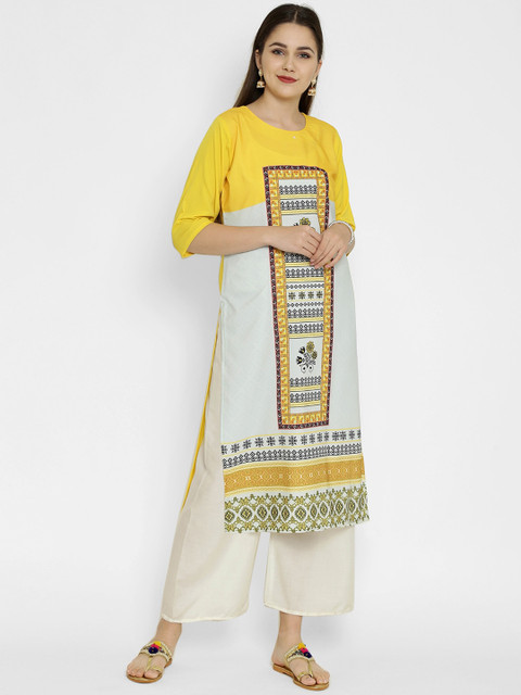 

7Threads Women Yellow Floral Printed Crepe Kurta