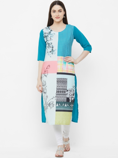 

7Threads Women Blue Colourblocked Crepe Kurta