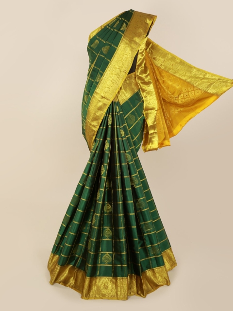 

Pothys Green & Gold-Toned Pure Silk Checked Kanjeevaram Saree