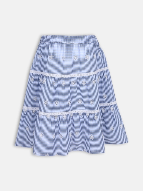 

Oxolloxo Girls Blue & White Striped Embroidered Tiered Skirt