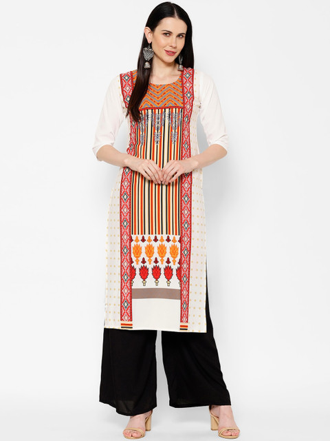 

7Threads Women White Geometric Printed Crepe Kurta
