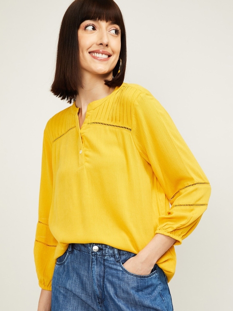 

Fame Forever by Lifestyle Mustard Mandarin Collar Bishop Sleeves Top