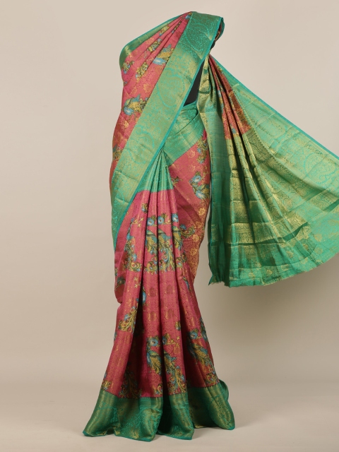 

Pothys Pink & Green Jute Silk Woven Design Saree