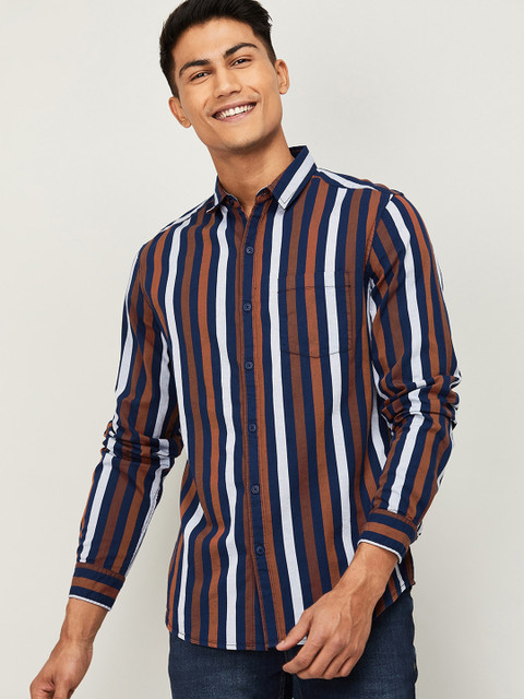 

Fame Forever by Lifestyle Men Navy Blue & Brown Slim Fit Striped Casual Shirt