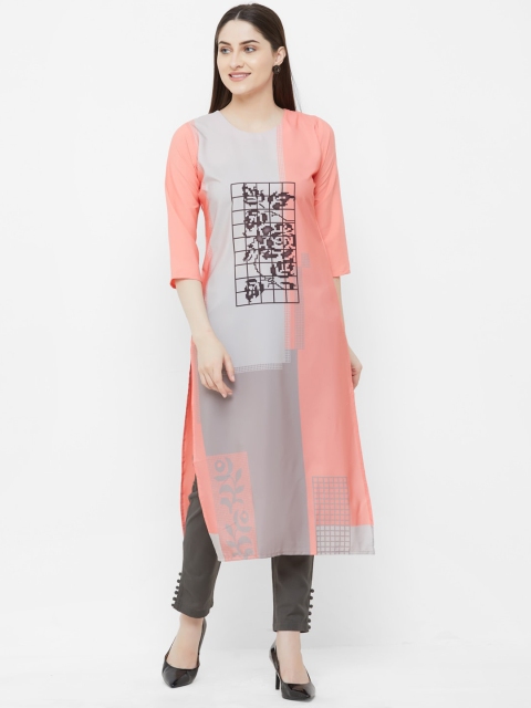 

7Threads Women Pink Floral Printed Crepe Straight Kurta