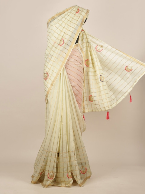 

Pothys Off-White Striped Jute Silk Saree