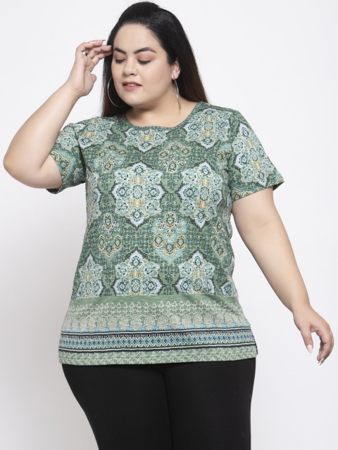 

plusS Women Green Printed Round Neck T-shirt