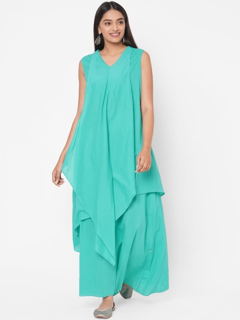 

Vedic Women Turquoise Blue Solid Layered Maxi Dress