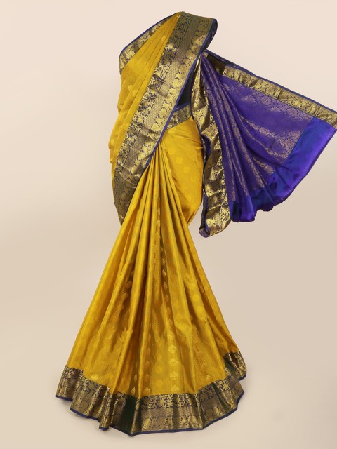 

Pothys Mustard Yellow & Navy Blue Pure Silk Printed Kanjeevaram Saree