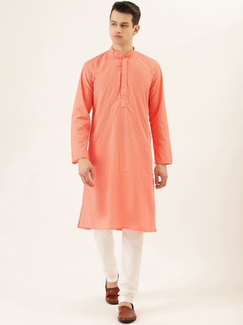 

RAJUBHAI HARGOVINDAS Men Peach-Coloured Embroidered Kurta