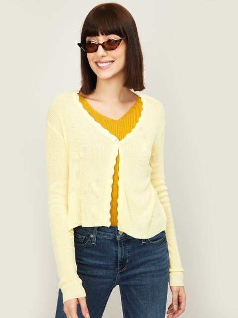 

Ginger by Lifestyle Women Yellow Solid Button Shrug