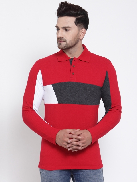 

Kalt Men Red Colourblocked Polo Collar T-shirt