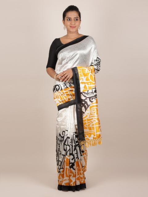 

Pothys Off-White & Yellow Jute Silk Printed Saree