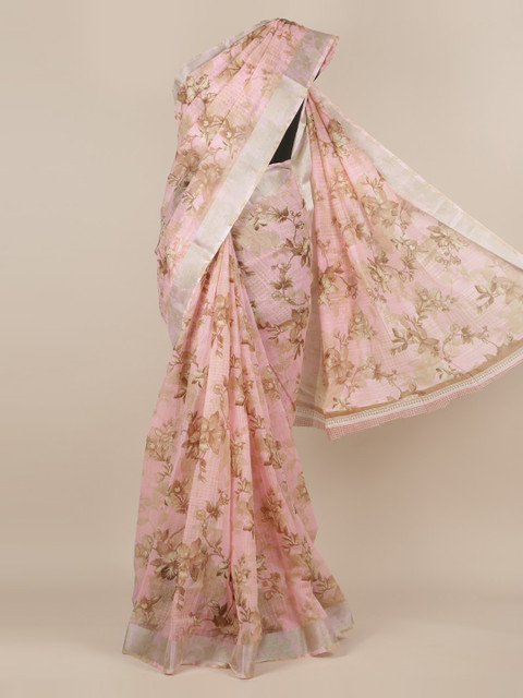 

Pothys Pink Floral Printed Jute Silk Saree