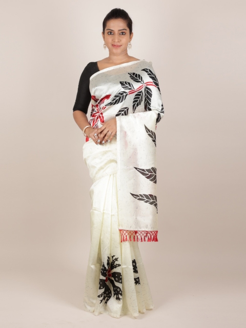 

Pothys Cream-Coloured & Black Jute Silk Printed Saree