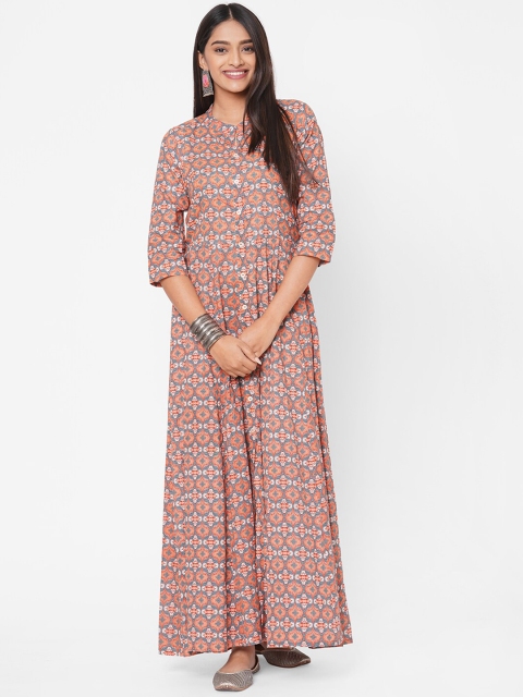 

Vedic Women Orange & Grey Printed Maxi Dress