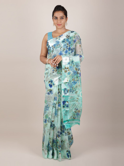 

Pothys Green & Turquoise Blue Jute Silk Printed Saree