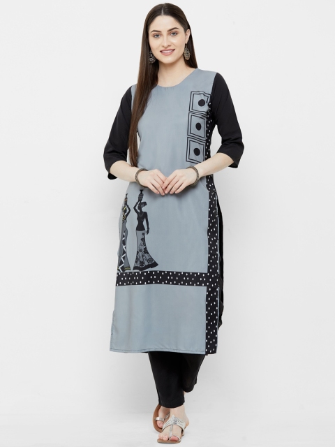 

7Threads Women Grey & Black Colourblocked Crepe Straight Kurta