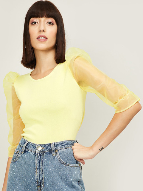 

Ginger by Lifestyle Women Yellow Solid Puff Sleeves Top
