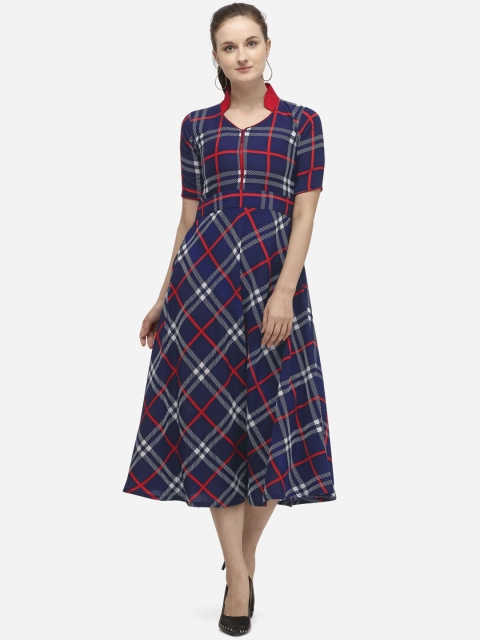 

Florence Women Navy Blue & Red Checked Fit and Flare Dress