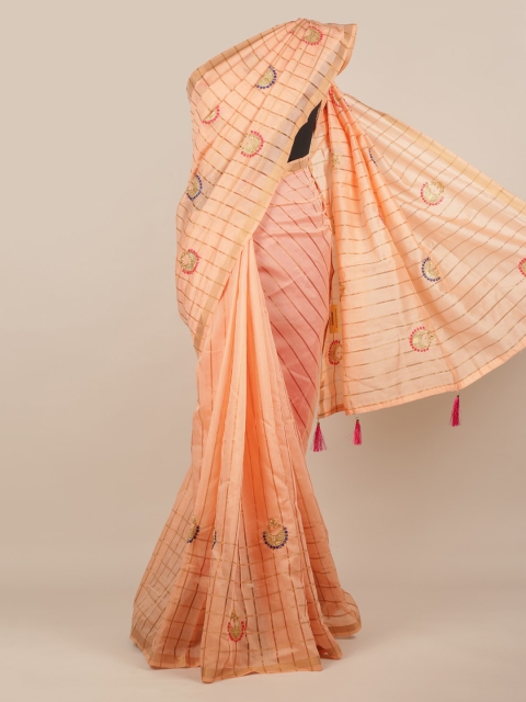 

Pothys Peach-Coloured & Gold-Toned Jute Silk Striped Saree