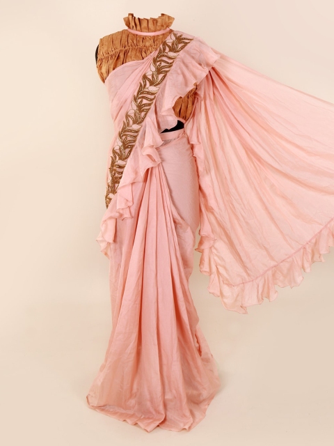 

Pothys Pink Solid Pure Georgette Ruffle Saree