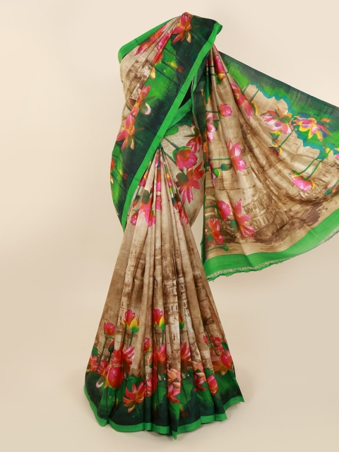 

Pothys Cream-Coloured & Green Pure Silk Printed Murshidabad silk Saree