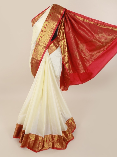 

Pothys Cream-Coloured Pure Silk Solid Kanjeevaram Saree