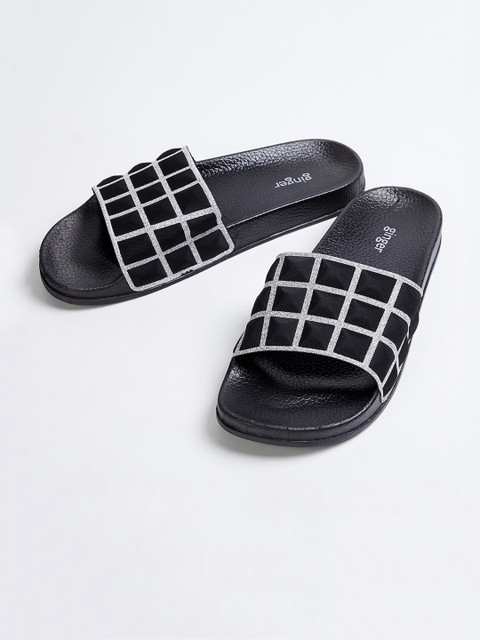 

Ginger by Lifestyle Women Black & Silver-Toned Printed Sliders