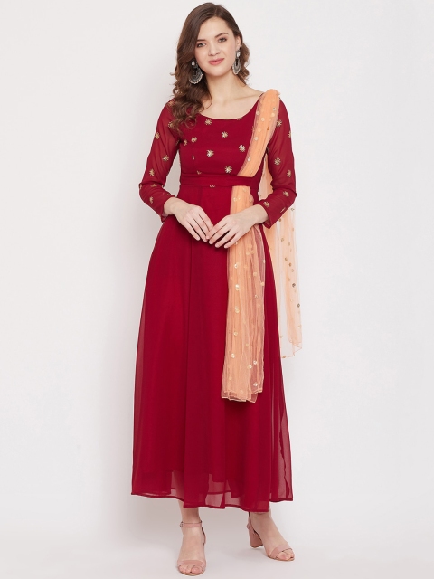 

PANIT Women Maroon Embellished Maxi Ethnic Dress With Attached Dupatta