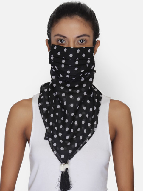 

Anekaant Women Black & White Polka Dot Printed 3-Ply Tasseled Scarf Mask