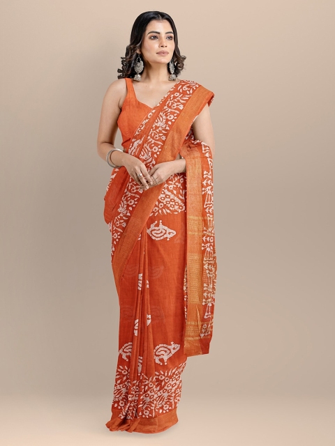 

BharatSthali Orange Pure Cotton Batik Printed Venkatgiri Saree