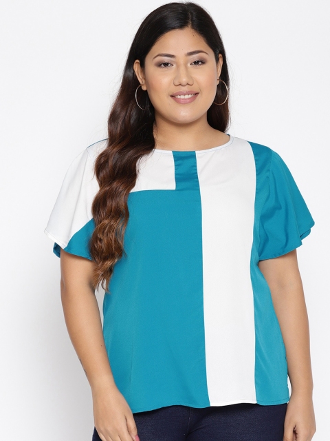 

The Pink Moon Plus Size Blue & White Colourblocked Flutter Sleeves Crepe Top