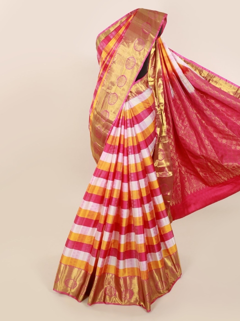 

Pothys Pink & White Pure Silk Striped Kanjeevaram Saree